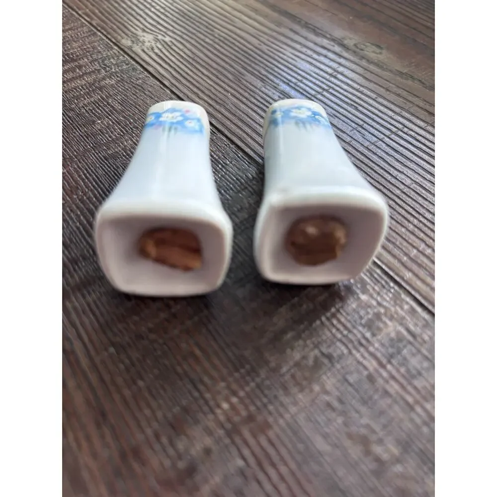 Vintage Porcelain Hand Painted Salt And Pepper Shakers Japan Blue Floral Tiny